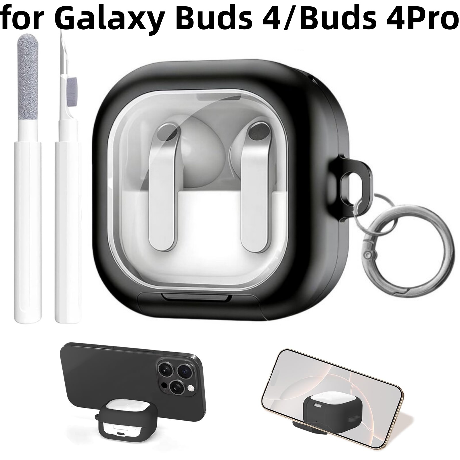 Pc Security Lock - 2026年発売 Samsung Galaxy Buds 4 Pro/4用ケース、安全ロックとスマホスタンド付き、TPU+PC保護ケース、クリーニングキット付属